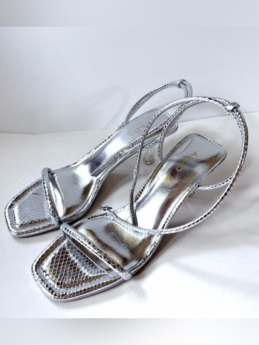 ALDO Dime Silver Metallic Strappy Ankle Wrap Sandals Square Toe Women's US 8.5